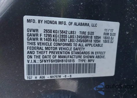 2017 Honda Pilot Ex-L from USA, damaged, VIN 5FNYF6H59HB101815